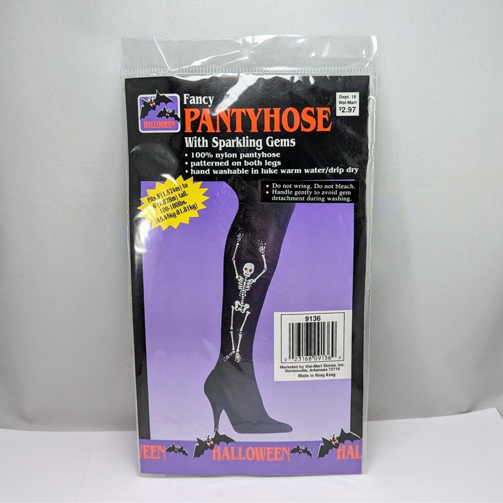 VTG 1997 Halloween Skeleton Sparkling Gems Black Panty Hose Walmart NOS GOTH